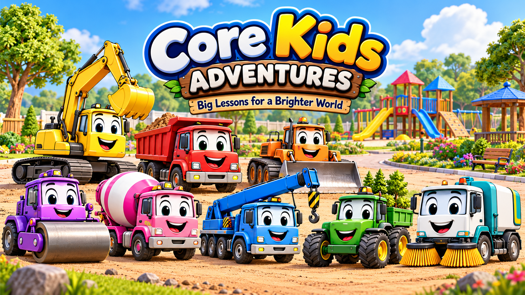 Core Kids Adventures — Big Lessons for a Brighter World. The construction crew of machines at a playground build site: excavator, dump truck, bulldozer, road roller, cement mixer, crane, tractor and street sweeper.