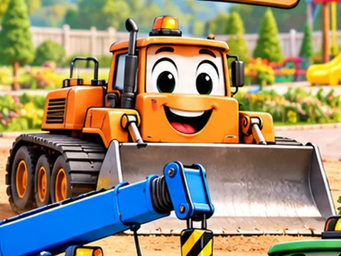 Billy, the orange bulldozer, smiling