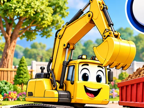 Jamie, the yellow excavator, smiling