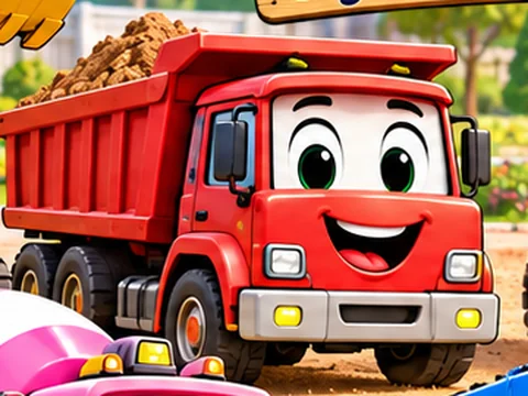 Lucy, the red dump truck, smiling