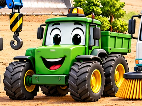 Mikey, the green tractor, smiling